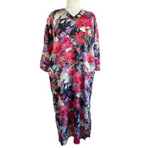 Vintage Mary McFadden Black Purple Red Watercolor Floral Kaftan Dress Coverup OS